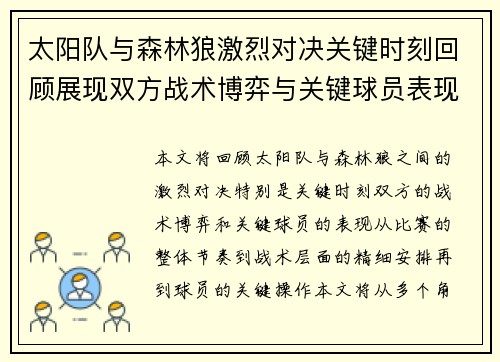 太阳队与森林狼激烈对决关键时刻回顾展现双方战术博弈与关键球员表现