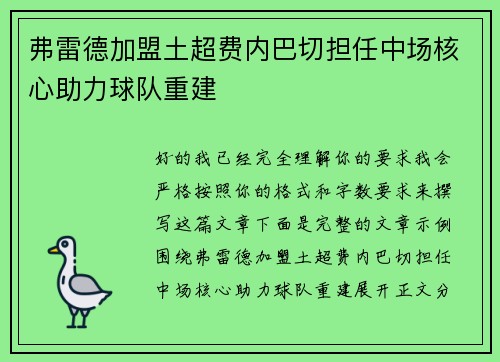 弗雷德加盟土超费内巴切担任中场核心助力球队重建 弗雷德加盟土超费内巴切担任中场核心助力球队重建